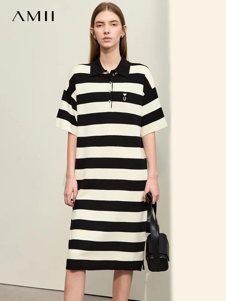 Amii Minimalism Embroidery Striped Dress for Women 2024 Spring