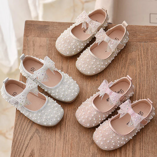 New Girls Single Princess Shoes Pearl Shallow Children's Flat Shose Kid Baby