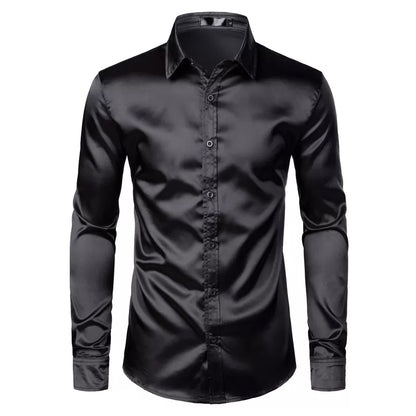 Black Mens Silk Dress Shirts 3Pcs(Shirt +Tie+Bowtie) Smooth Satin Shirt