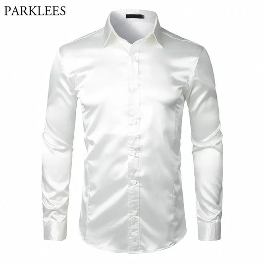 Stylish White Silk Satin Shirt Men Chemise Homme Casual Long Sleeve Slim Fit