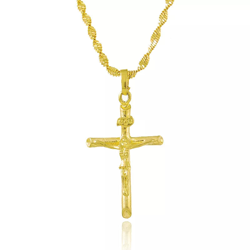 Real 24K Gold Color Cross Pendant & Necklace for Men/Women Gold Chain Religious