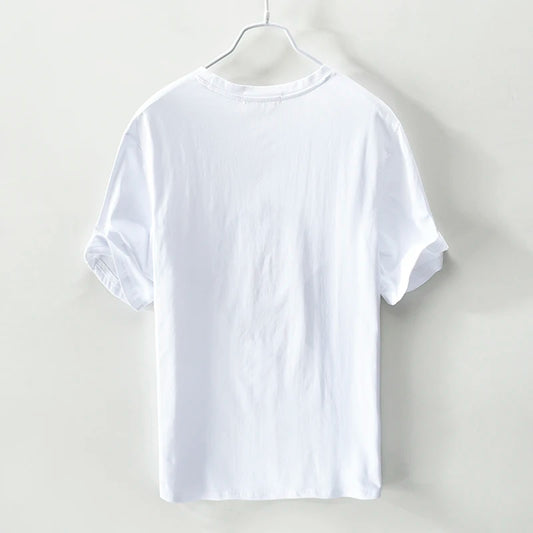 New Summer Linen Short Sleeve T-Shirt Men White Feather Embroidery Cotton