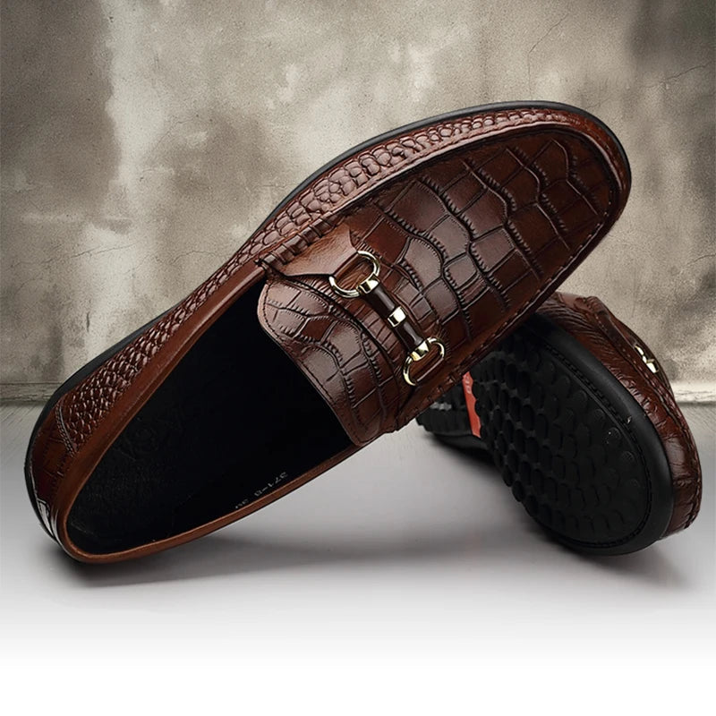 Phenkang Men Leather Summer Alligator Texture Slip-On Casual Shoes Male Loafer