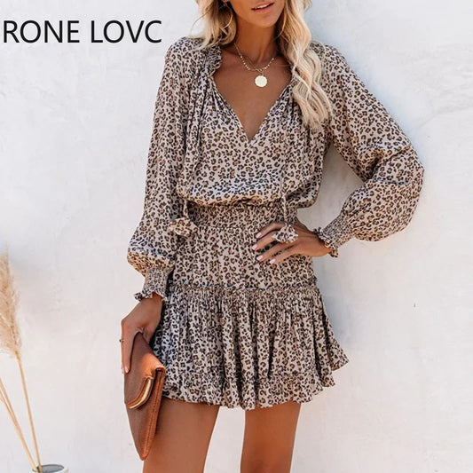 Women V-Neck Cheetah Ruffles Long Sleeve Dress Leopard Print