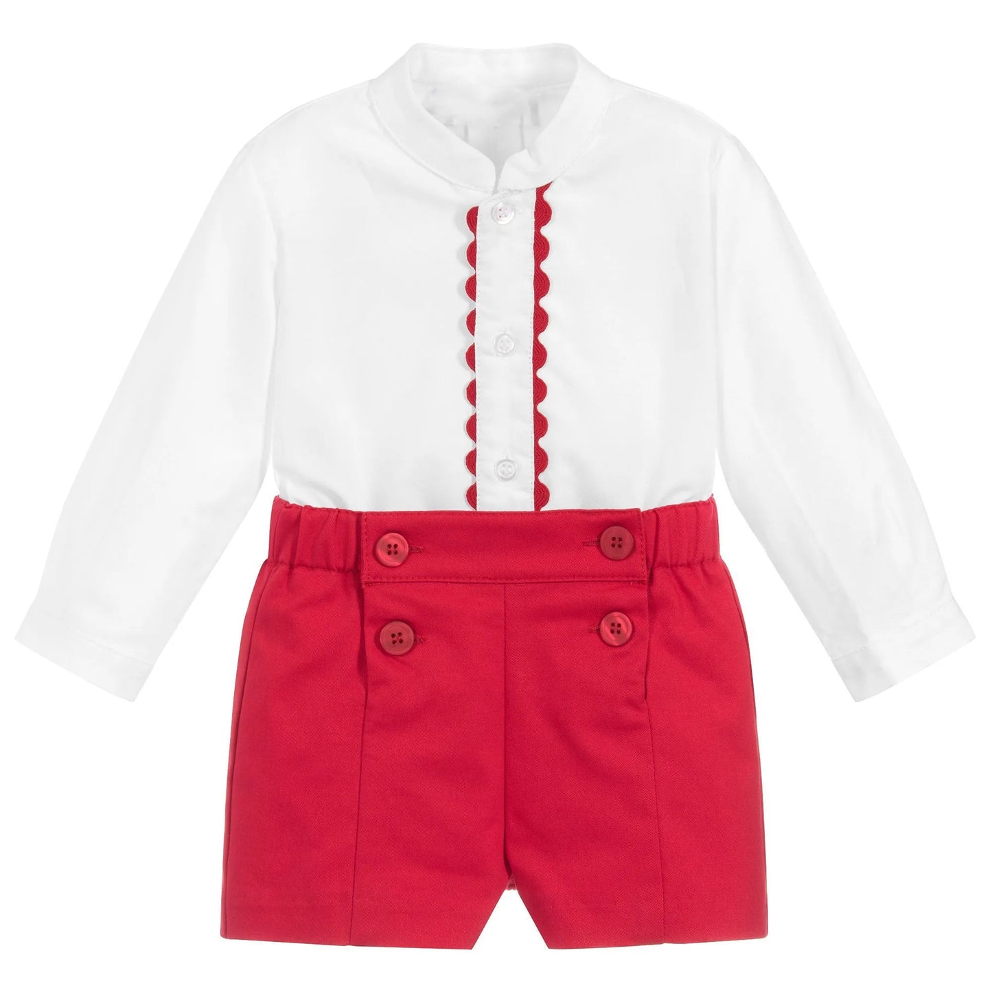 Spanish Toddler Boys Clothes Set Baby Baptism Boutique White Shirt Red Shorts