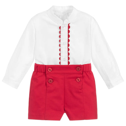 Spanish Toddler Boys Clothes Set Baby Baptism Boutique White Shirt Red Shorts