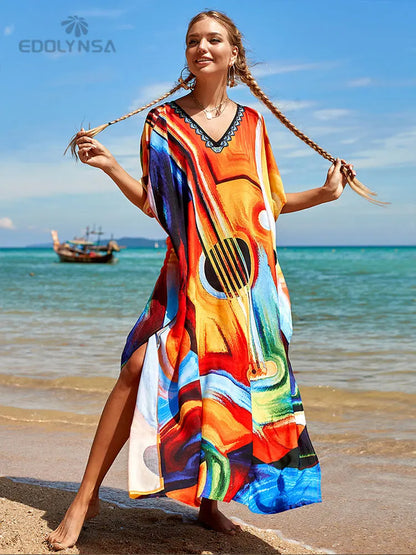 2023 Multicolored Kaftan Bohemian Printed V-Neck Batwing