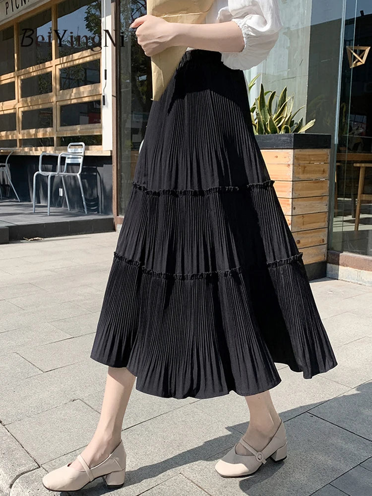 Pleated Skirt Women Vintage Casual Chiffon Shift Long High Waist Skirts