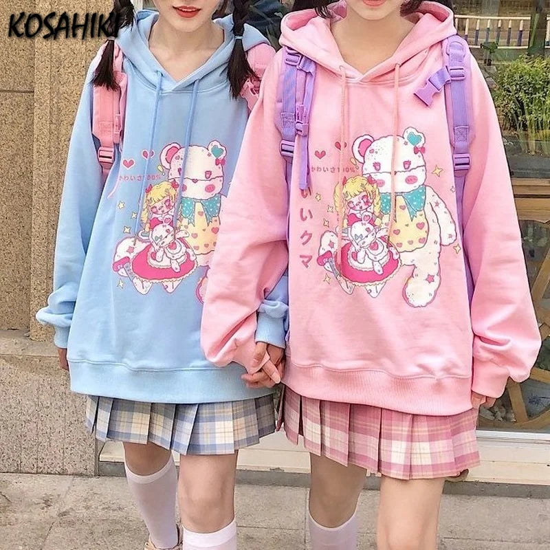 KOSAHIKI Harajuku Japanese Anime Bear Hoodies Women Spring  Cute Pullovers