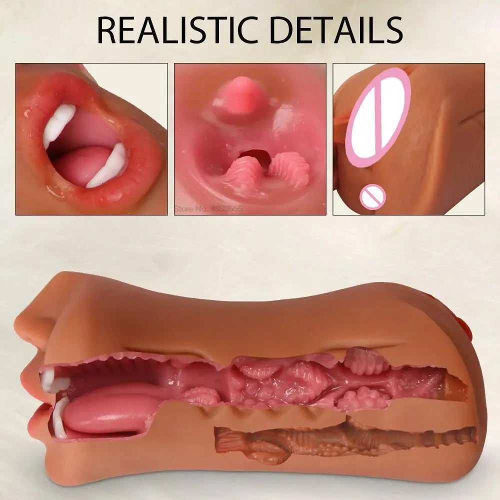 3 IN 1 Male Masturbator Silicone Vagina Real Pussy Open Mouth Teeth Realistic