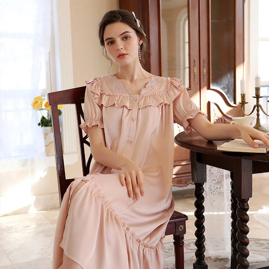 Embroidery Ruffles Satin Nightgown Women Summer Long Sleepshirts Robe Sleepwear