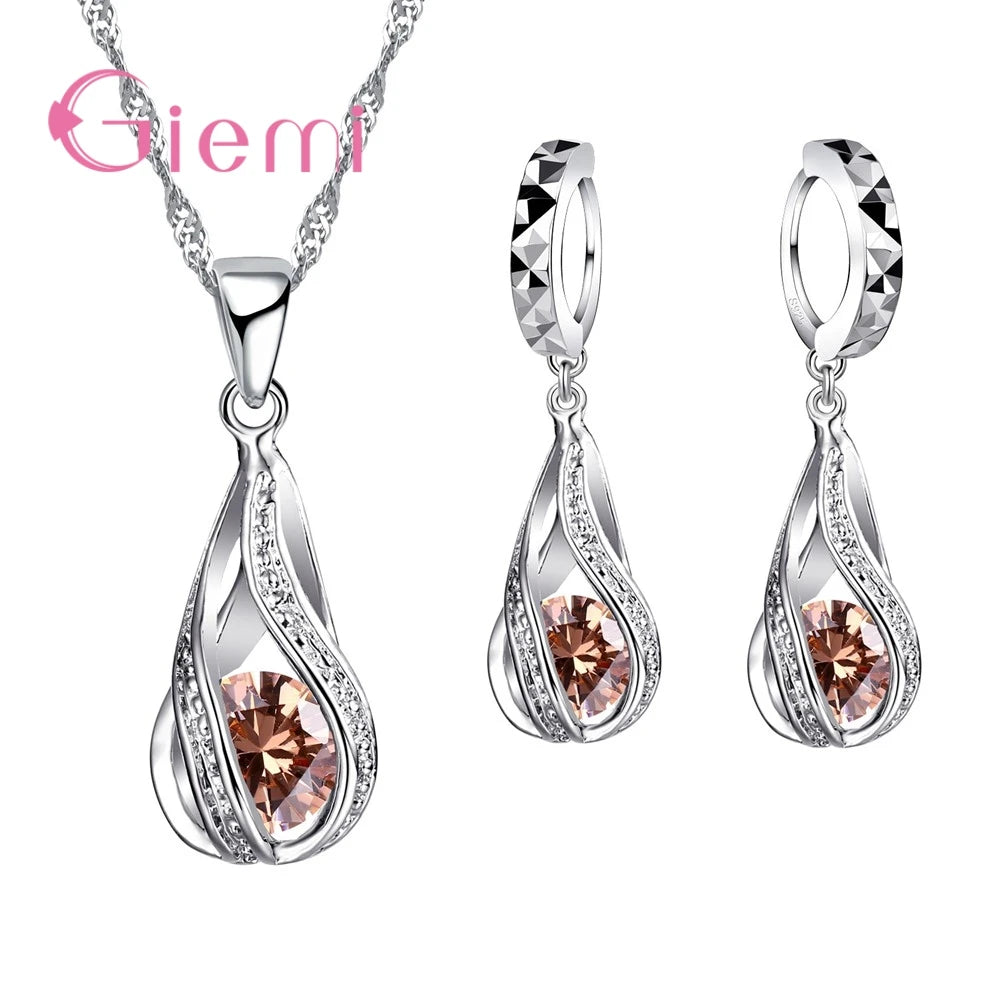 100% 925 Sterling Silver New Water Drop Cubic Zircon Pendant Necklace&Earrings