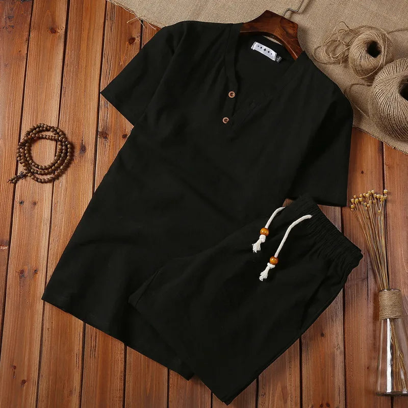 (Shirt + Shorts) 2021 Summer Fashion Men Shirt Cotton and Linen