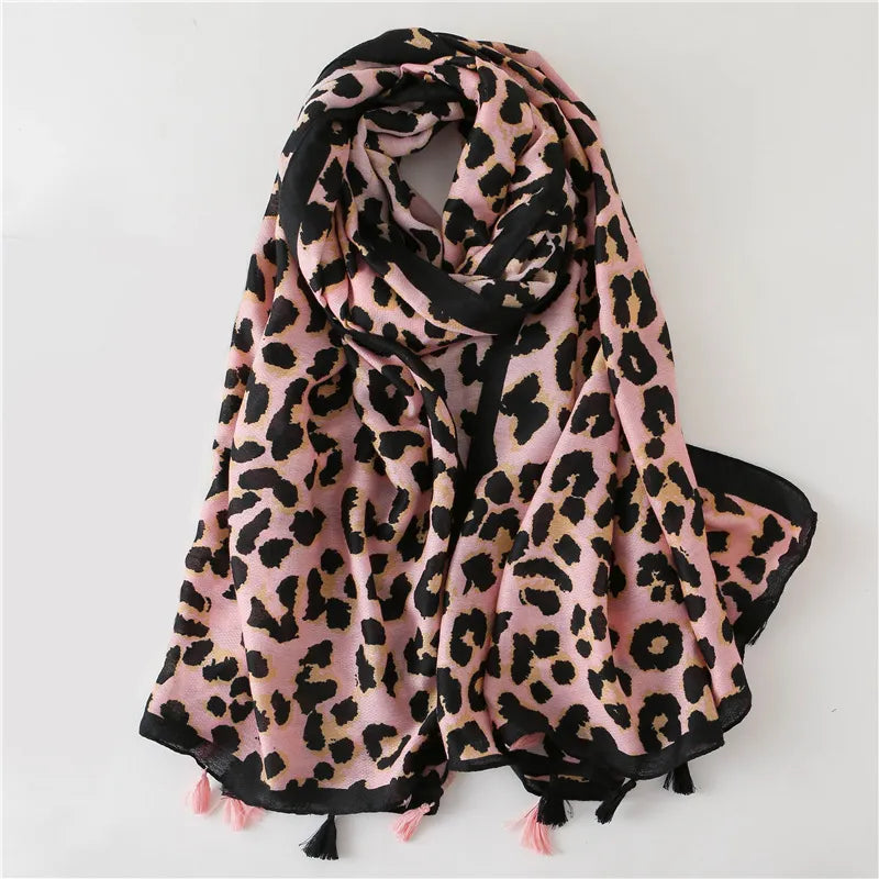 New Fashion Brand Lovely Pink Sexy Leopard Dot Tassel Viscose Shawl Scarf Lady