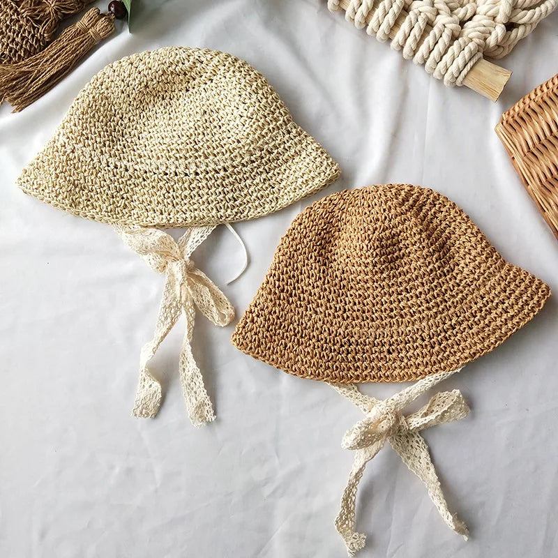 Summer Korean Baby Boy Girl Straw Hats Lace Strap Crochet Children