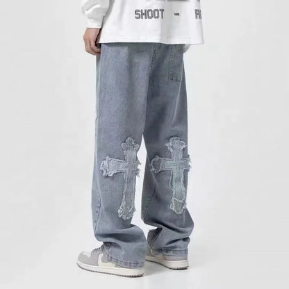 Men Streetwear Baggy Jeans Trousers Cross Hip Hop Mens Loose Pants