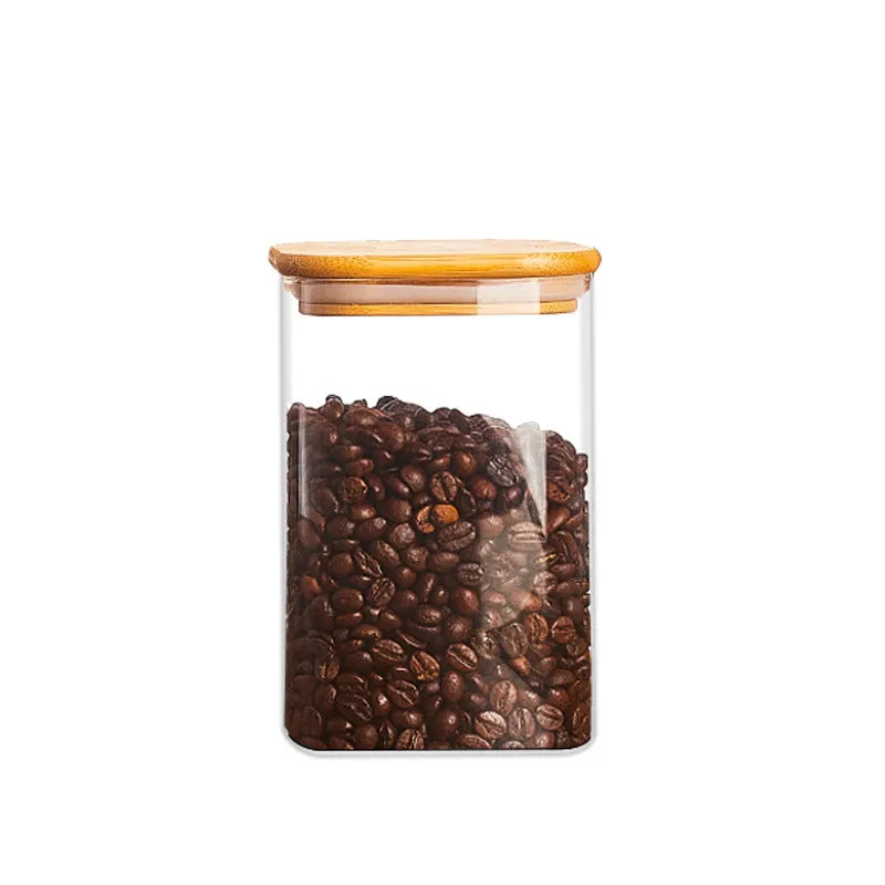 Square Glass Storage Jars With Bamboo Lid for Coffee Beans Grains Food Storage