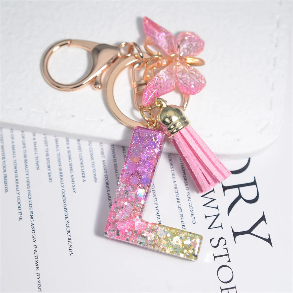 Cute Resin A-Z Initials Letter Keychain Pink Sparkle Butterfly Tassel Pendant