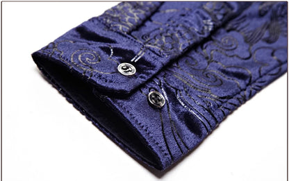 Luxury Chinese Dragon Embroidery Velvet Shirt Men Slim Fit Long Sleeve shirt