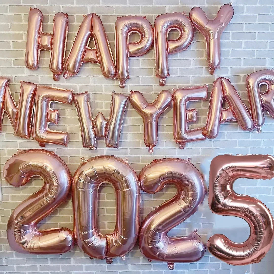 2025 Happy New Year Balloons Banner Rose Gold Number Letter Aluminum Foil