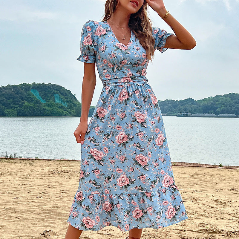 Fashion v Neck Short Sleeve Floral Dress Women Sweet Dresses Clothing Wholesale