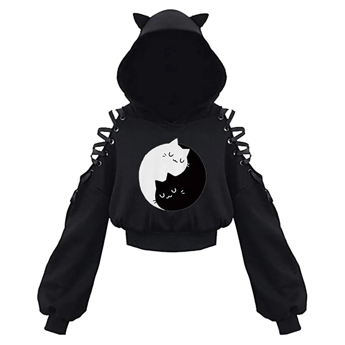 Harajuku Women Summer Top Long Sleeveless Cute Cat Ear Hooded Pullover