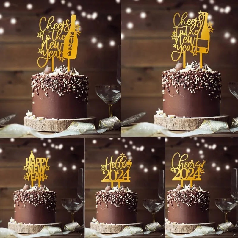 2025 Happy New Year Party Cake Toppers Gold Acrylic