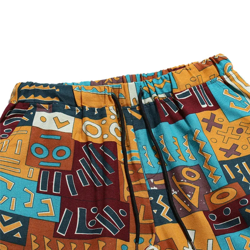 Mens Cotton Linen Joggers Sweatpant African Dashiki Print Trousers Jogging Pants