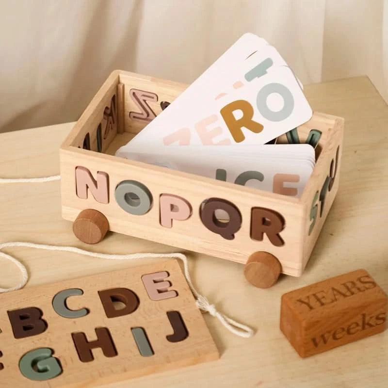 Wooden Montessori Toy Car  Baby Alphabet Car Multifunctional Traffic Puzzle Car