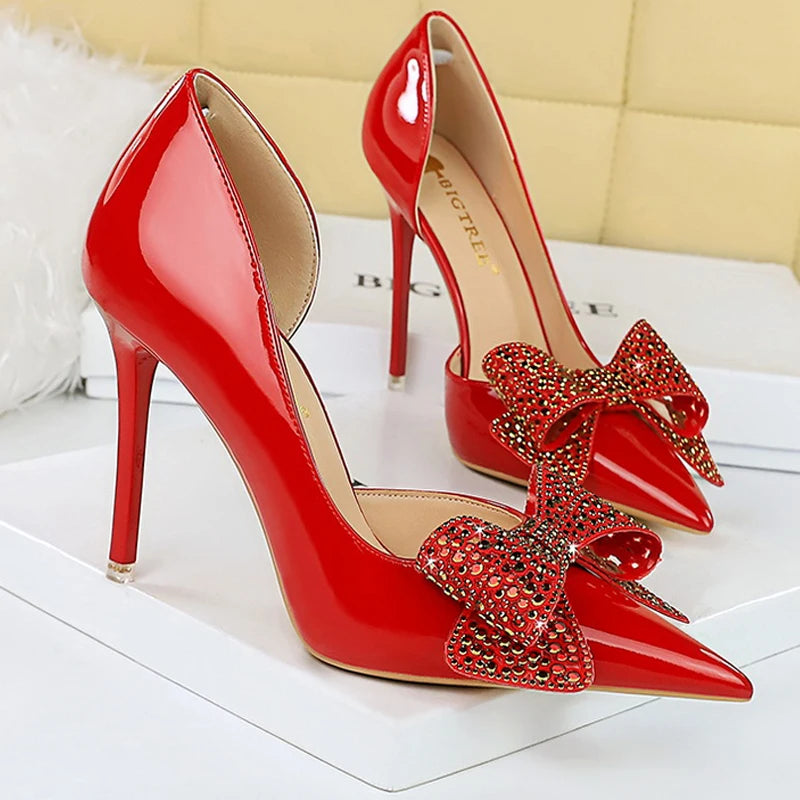 Luxury Pumps Women 10.5cm Heels Rhinestone Bowknot Lady Heels Stilettos Patent