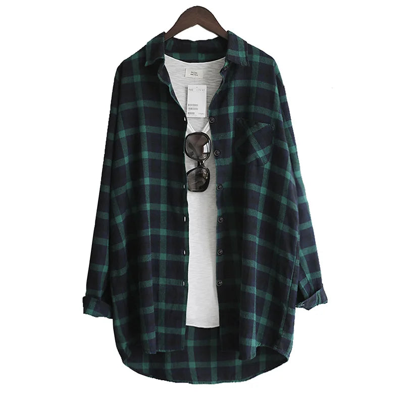 Women Blouse Shirt Loose Casual Plaid Shirts Long Sleeve Large Size