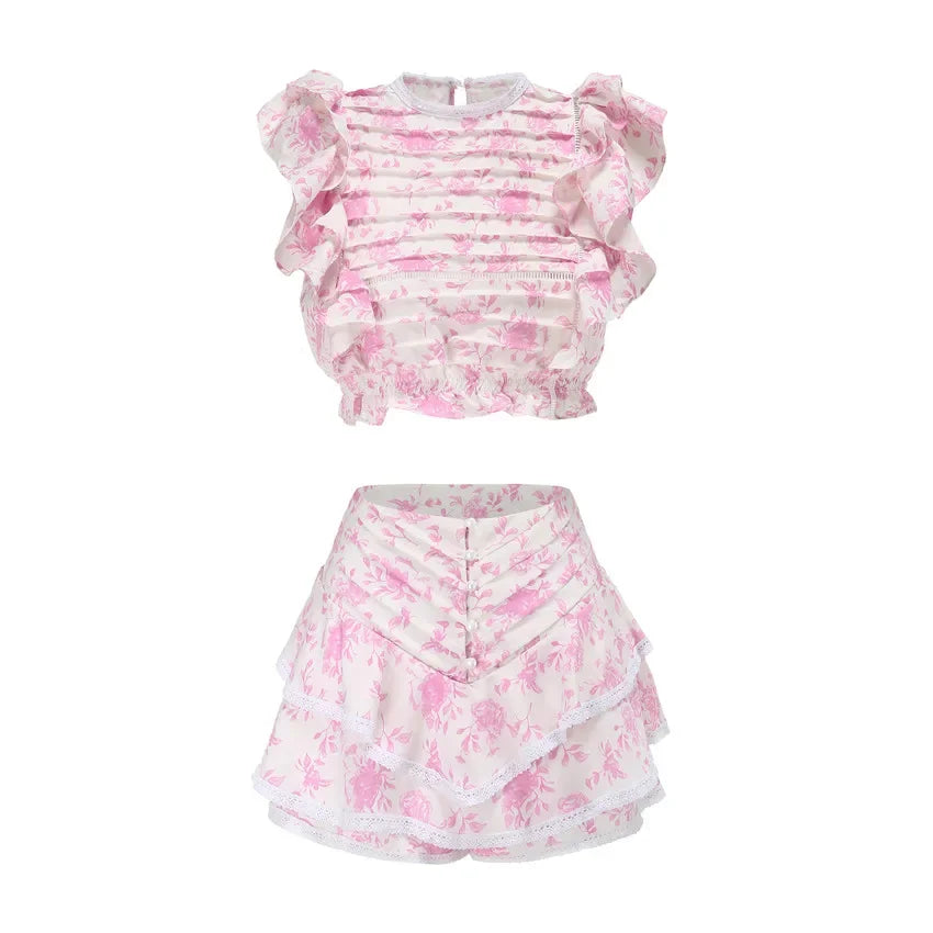 Sunday Set Elastic Waistband Cropped Top With Ruffle Mini Shorts Skirts