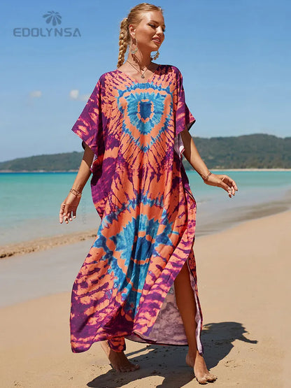 2023 Multicolored Kaftan Bohemian Printed V-Neck Batwing