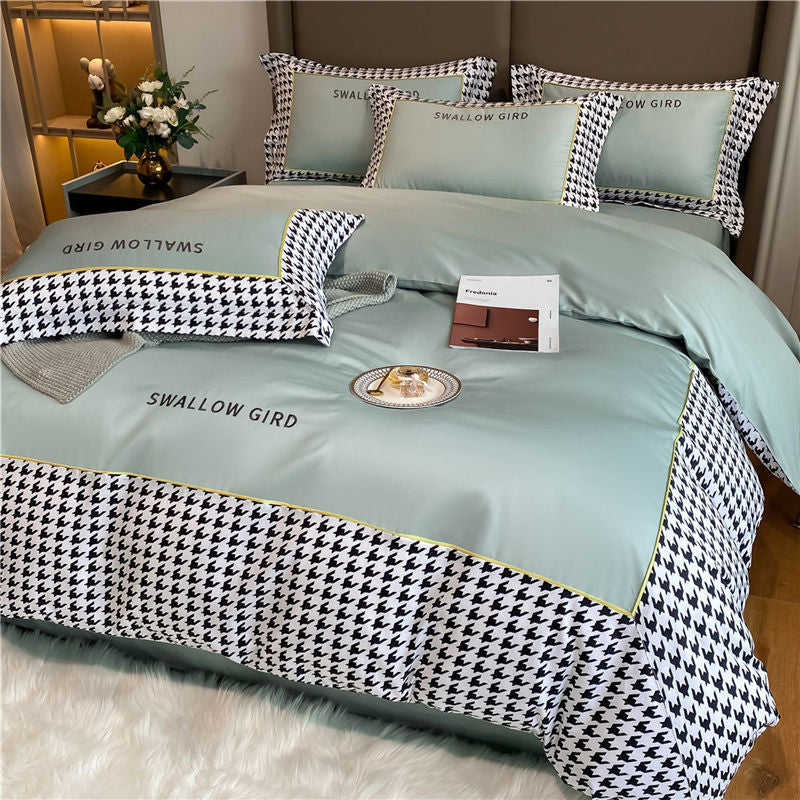 Royal Blue Modern Grid Flat Bed Sheet Bedding Set