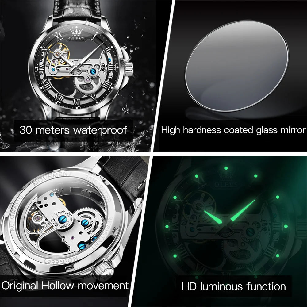 OLEVS Men's Watches Automatic Mechanical Watches Waterproof Leather Strap