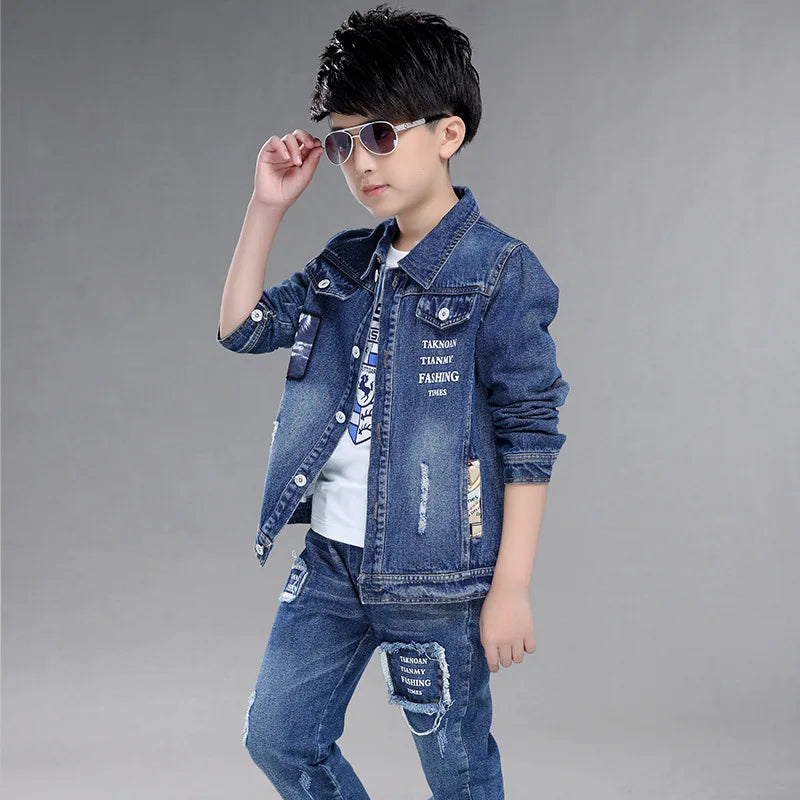 Teenage Boys Denim Clothes Set Autumn Children Jeans Coat and Pants Boys suit