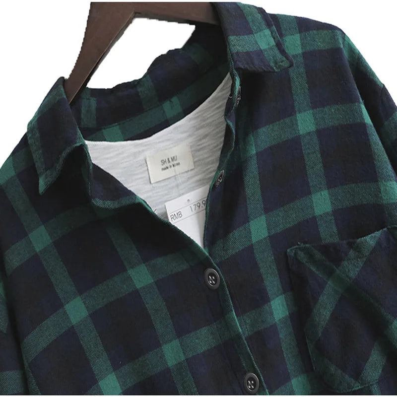 Women Blouse Shirt Loose Casual Plaid Shirts Long Sleeve Large Size