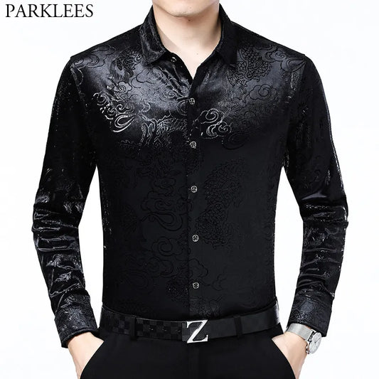 Luxury Chinese Dragon Embroidery Velvet Shirt Men Slim Fit Long Sleeve shirt