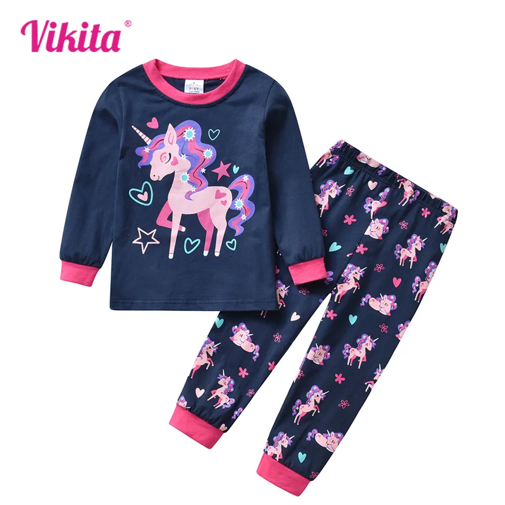 VIKITA 2Pcs Children Pajamas T-Shirts Pants Set Girls Unicorn Cotton Clothes