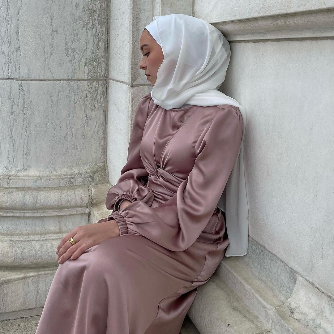 Muslim Women Solid Color Long Sleeve Long Maxi Dress Spring