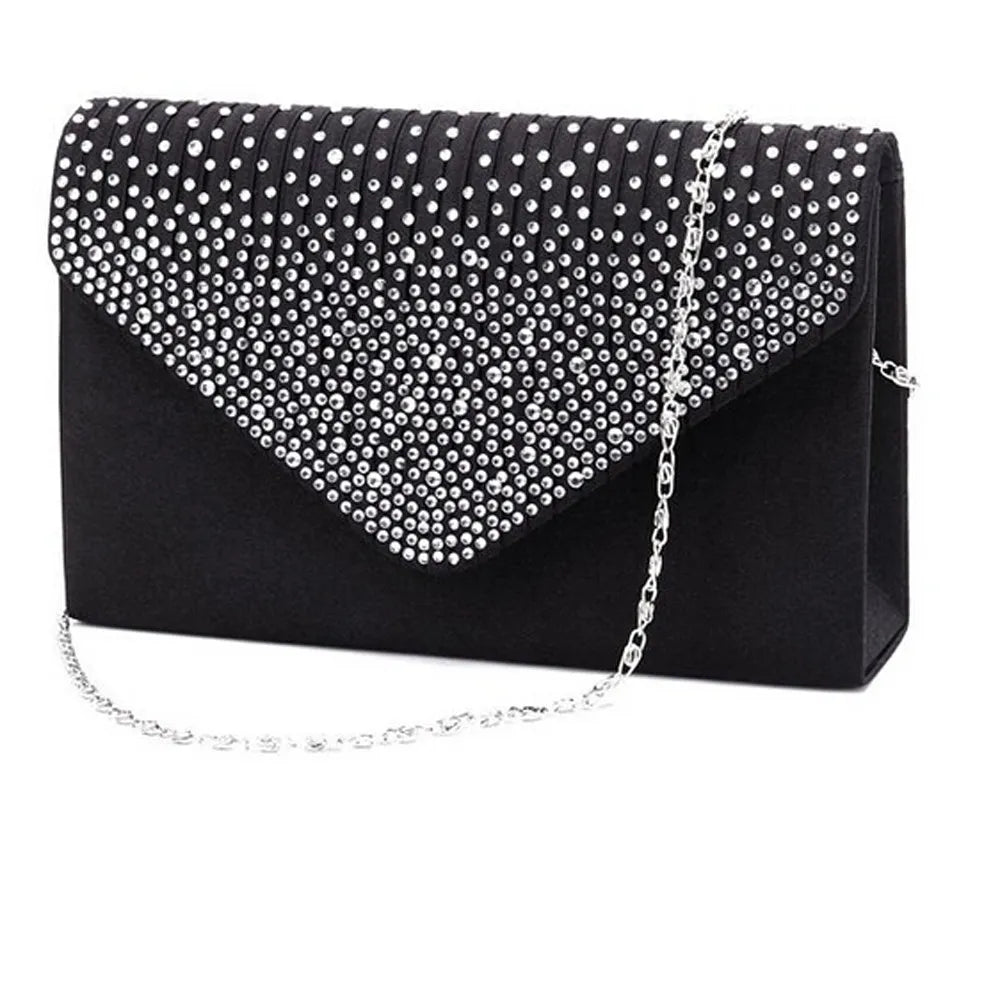 Ladies Satin Clutches Evening Bags Crystal Bling Handbags Wedding Party Purse