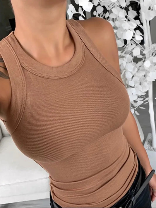 Women Solid Round Neck Ribbed Tank Top Camisole Women Summer