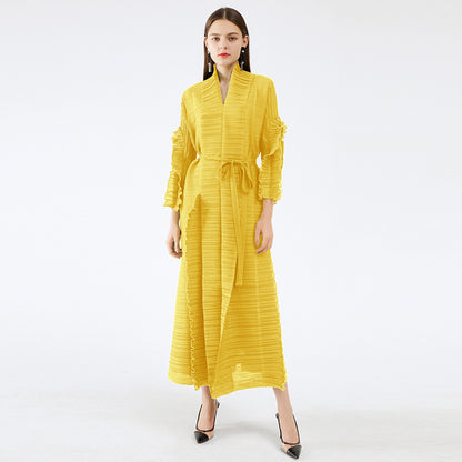 Miyake Pleated Long Petal Sleeve Dress Lapel Cardigan Sashes