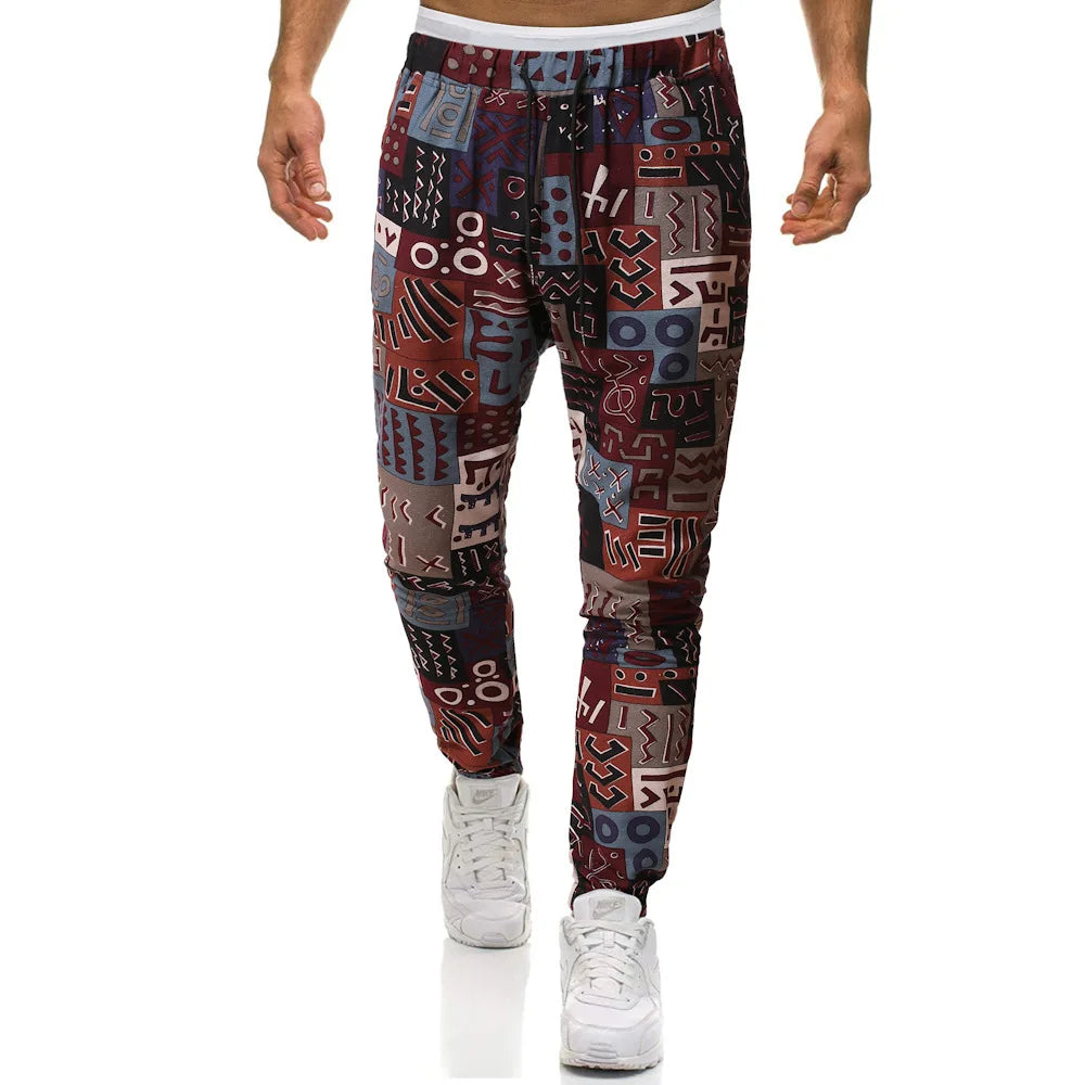 Mens Cotton Linen Joggers Sweatpant African Dashiki Print Trousers Jogging Pants