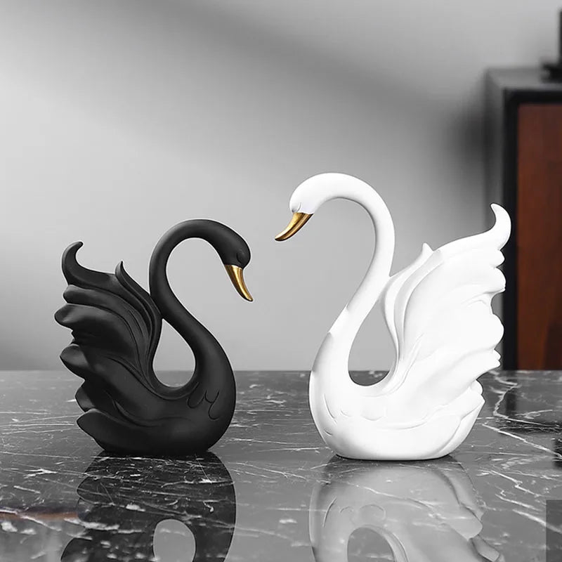 Vilead Pair of Resin Swan Sculptures in Black and White Modern Couple Statue