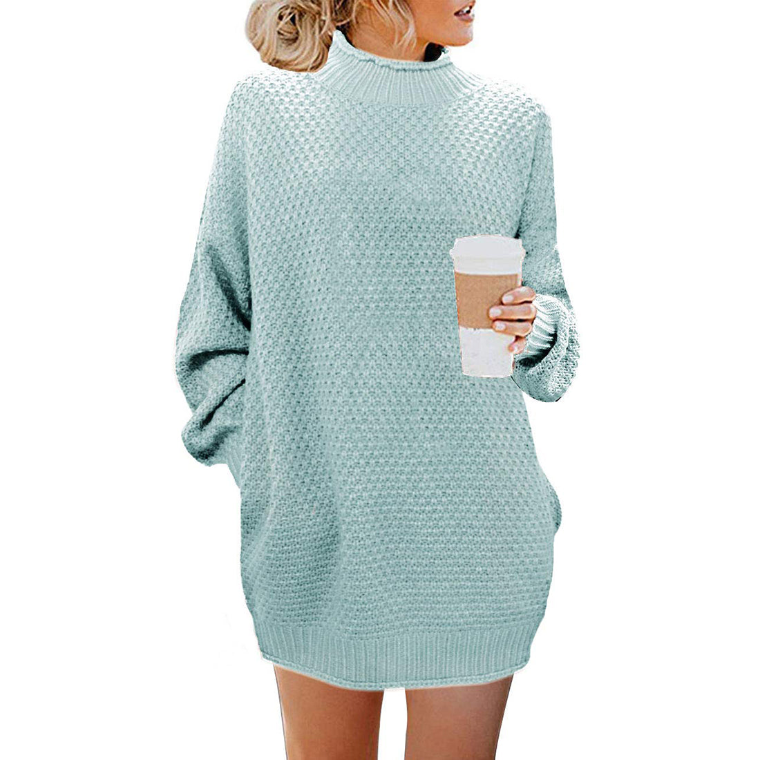 Women Turtleneck Long Sleeve Casual Loose Knit Pocket Dress