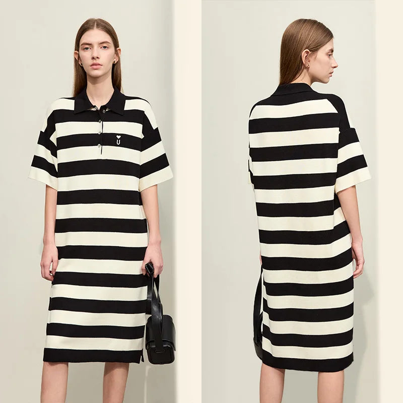 Amii Minimalism Embroidery Striped Dress for Women 2024 Spring