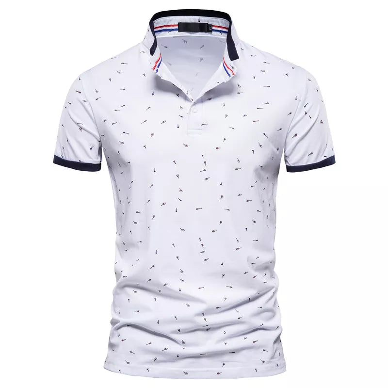 AIOPESON Casual Printed Polo Shirts Men Slim Fit Stand Collar Cotton Men's