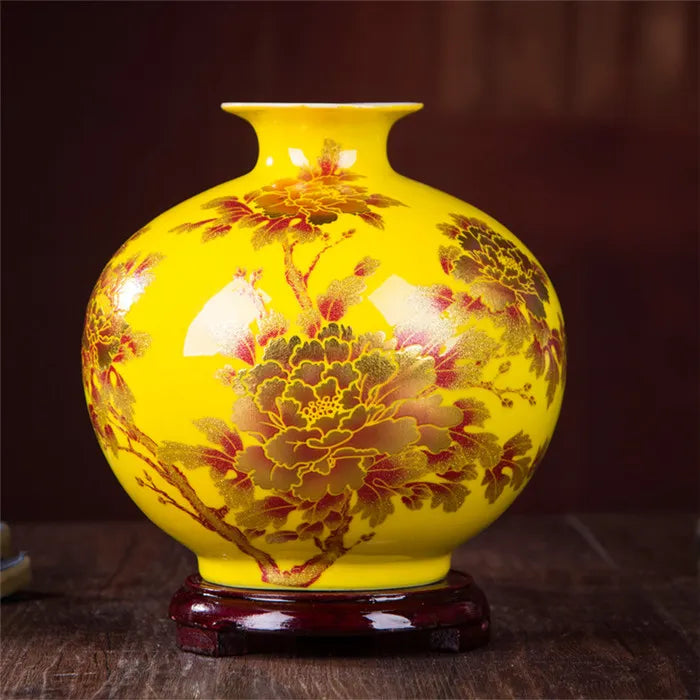 New Chinese Style Vase Jingdezhen Yellow Crystal Glaze Flower Vase Home Decor