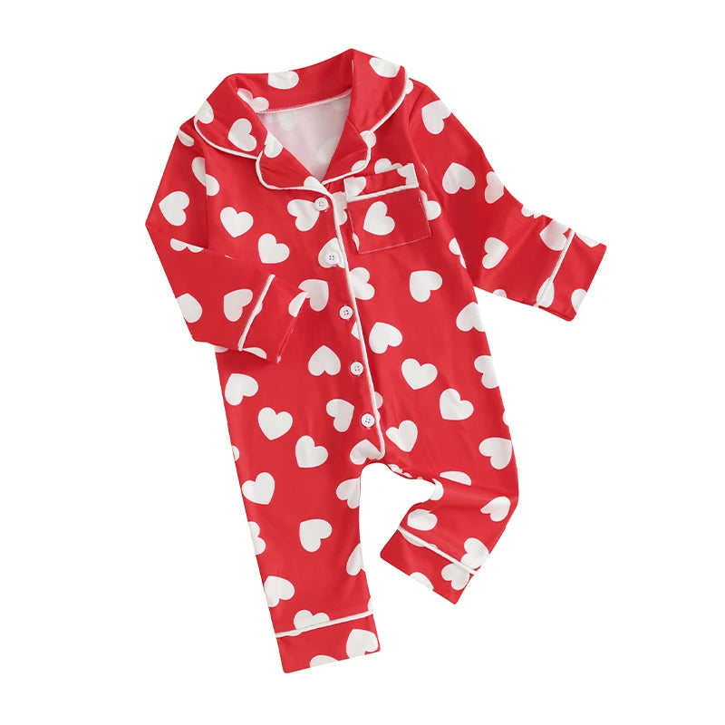 0-24m Baby Pajamas Jumpsuits Heart Print Lapel Button Up Girls Sleepwear